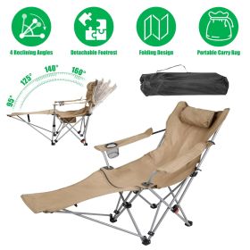 Reclining Camping Chair with Footrest 4-Position Adjustable Outdoor Folding Chair Heavy Duty Portable Camping Lounge Chair with Headrest Cup Holder & (Color: khaki)
